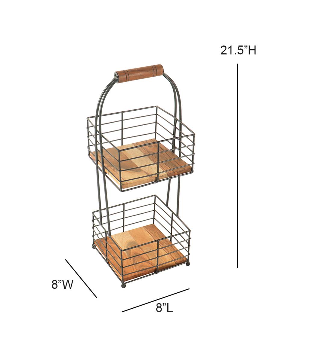 Ireka Homes Rustic Grid Basket – Handcrafted Acacia Wood & Metal Storage Basket – Sturdy 2-Tier Organizer for Fruits, Vegetables & Kitchen Essentials