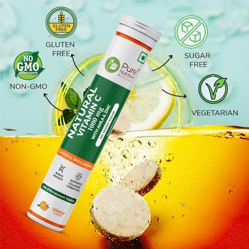 Pure Nutrition Vitamin C + Zinc, 20 Effervescent Tablets (20 x 1) Orange Flavour | 1000mg Amla Extract | Supports Acne Free Skin for Women & Men | Rich in Antioxidants | Boosts Energy & Immunity