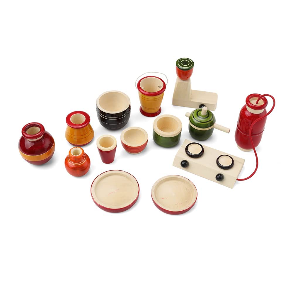 Channapatna Toys Traditional Wooden Cooking/Kitchen Toys Play Set for Girls, Kids, Baby & Boys (2 Years+) -14 Pieces Preschool Toy Set - Multicolor- Pretend & Play Toy | Choppu Jaman