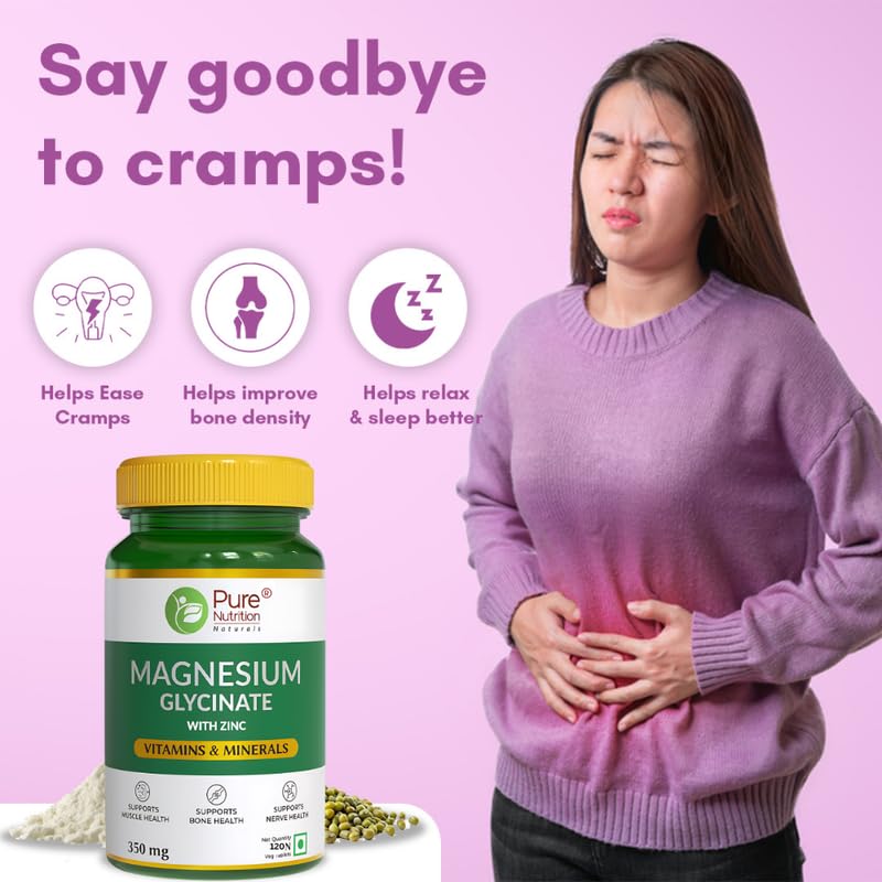 Pure Nutrition Magnesium Glycinate + Zinc, 120 Veg Tablets | For Bone, Muscle & Nerve Health l Better Relaxation & Sleep Quality | Helps Ease Period Cramps | Supports Stress Relief & Heart Health