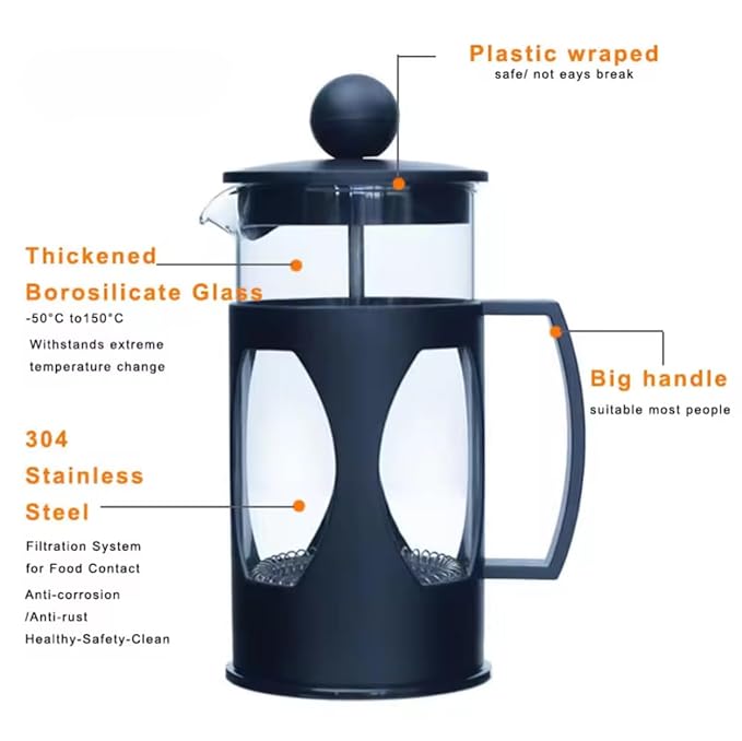 The Bean Co Roasters French Press Coffee Maker | Heat Resistant Borosilicate Glass | 4 Level Filteration | Stainless Steel Plunger with Mess