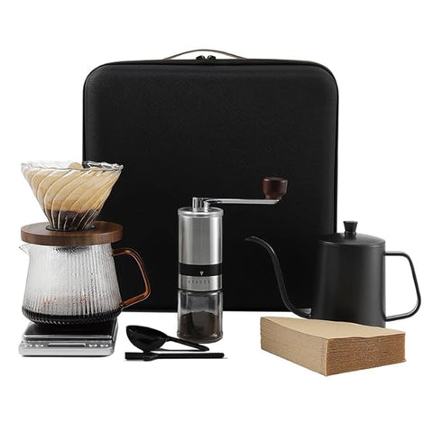 The Bean Co Roasters Pour Over Coffee Set with Travel Bag | Gooseneck Pour Over Kettle| Glass Dripper with Carafe| V02 Filter 100 Pcs | Manual Coffee Grinder | Weighing scale |Coffee Scoop with Cleaning Brush