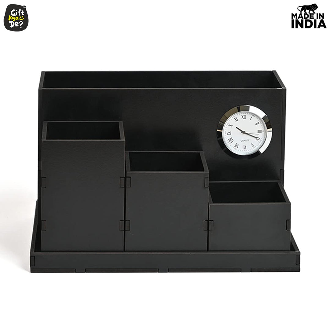 Gift Kya De Wooden Multipurpose Desk Organizer | Table Clock | 4 Compartment Organizer