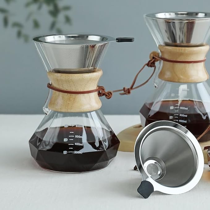 THE BEAN CO Glass Pour Over Coffee Maker | 600 ML Diamond Shape | Chemex Style Drip Coffee Maker | Wooden Holder | Premium Heat resistant Borosilicate Glass | Stainless Steel Coffee Filter