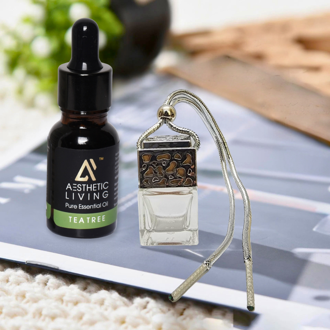 Aesthetic living car aromatizer/ diffuser bottle with essential oil (Square Gold/Silver shape-10ml+ essential oil 15ml)