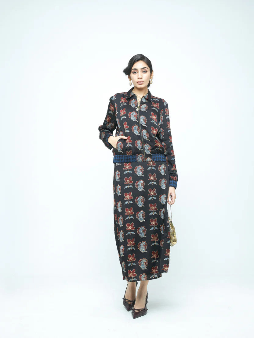 Anushé Pirani Beast Bomber | Ajrakh Print Modal | Charcoal, Women&