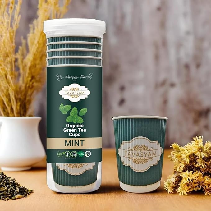 TAVASYAM Ready to Sip Mint Flavour Green Tea Cups - Vegan, Gluten Free & Sugar Free - Pack of 12 Cups Pre-Filled Tea Cups 200 ml Each