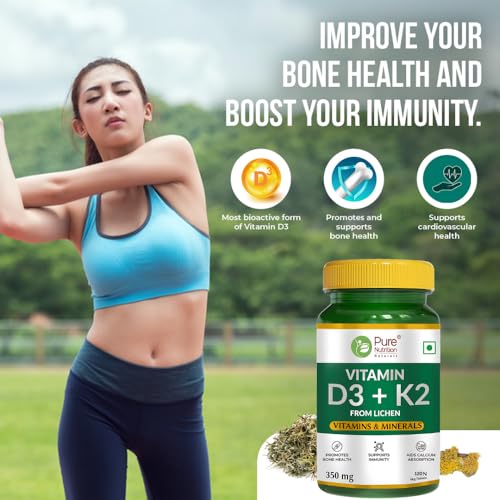 Pure Nutrition Vitamin D3 (Lichen Source) + Vitamin K2 (Mk-7 55Mcg) 600 IU Daily Wellness Supplement For Strong Bones, Immunity, Joint & Heart Health For Men & Women - 120 Veg Tablets