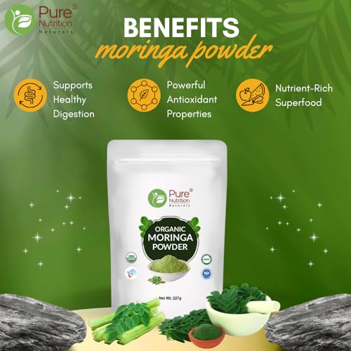 Pure Nutrition Organic Moringa Powder (Moringa Oleifera), Ayurvedic Superfood, Herbal Supplement for Holistic Wellness, Digestion, Immunity & Weight Mangement | USDA Organic Certified - 227g