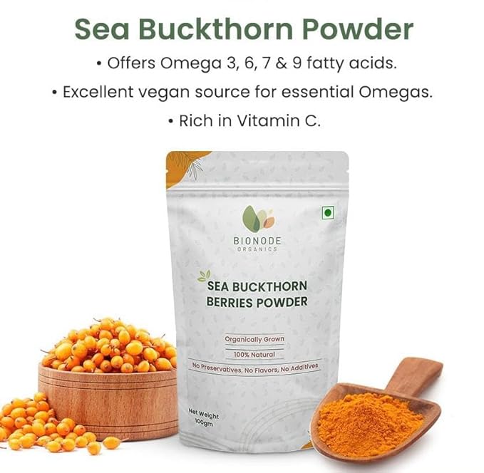 Bionode Organics Sea Buckthorn Berries | Dry Seabuckthorn Berries powder | Rich in Omega 3,6,7,9 | Fibers, Omegas, Collagen, Vitamic C, Vitamin E | Dry Sea Buckthorn (Sea Buckthron Powder 100gm)