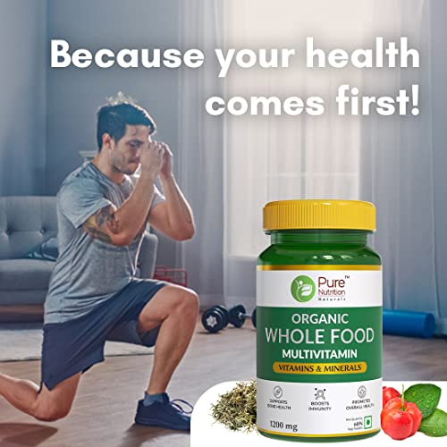 Pure Nutrition Organic WholeFood Multivitamin | Plantbased Vitamin A D3 C E K2 B1 B2 B3 B5 B6 Biotin B12 Iodine Selenium: 100% RDA + Copper Chromium Iron Folic Acid Calcium Magnesium Zinc 60 Veg Tabs