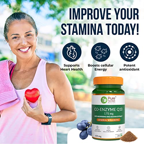 Pure Nutrition Bio Coenzyme Q10 175mg 60 Veg Capsules, High Absorption CoQ10 Supplement with Bioperine® & Arjuna Extract for Heart & Brain Health, Boosts Cellular Energy, Immunity, Male Fertility