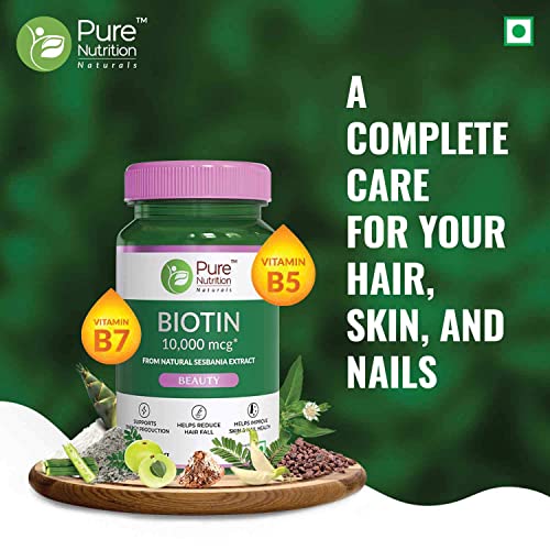 Pure Nutrition Naturals Biotin (10000mcg) with Sesbania Grandiflora, Bhringraj, Bamboo Shoot, Moringa Leaf, Amla Extracts & Multiminerals for Hair Growth, Glowing Skin & Strong & Healthy Nails for Women & Men | Reduce Hair Fall - 60 Veg Tabs
