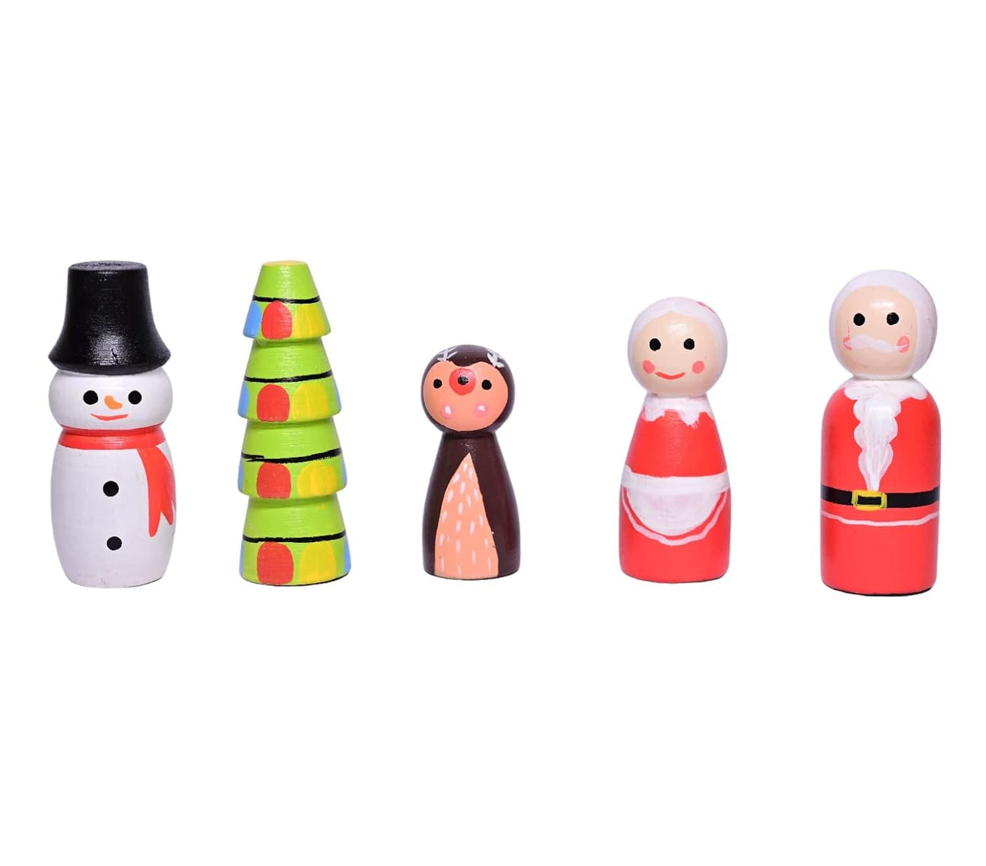 Wooden Christmas Toys Peg Dolls Family Pretend Play Figurines - Colorful Toys for Kids & Toddlers (2 Years+) - Pack of 5 pcs - Open Ended Toys