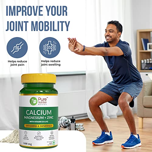 Pure Nutrition Calcium Magnesium & Zinc Supplement with Vitamin D3 & K2 (600 IU) for Women & Men | Supports Bone & Joint Health | Aids Muscle Health, Boosts Collagen Synthesis | 1400mg - 60 Tablets