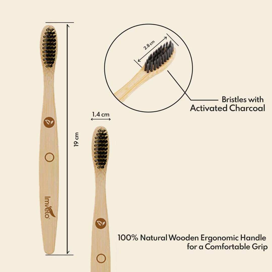Imvelo Manual Bamboo Toothbrush | Charcoal Activated | Soft Bristles Brush Toothbrush | Natural & Ecofriendly Oral Care | Biodegradable Brush For Men & Women