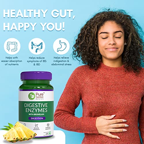 Pure Nutrition Digestive Enzymes 665mg (Amylase, Lipase, Protease, Cellulase, Lactase) with Bromelain| Better Bioavailability | Supports Digestion & Better Absorption of Food Nutrients - 60 Veg Capsules