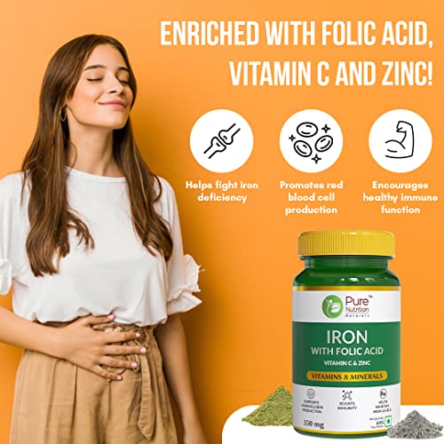 Pure Nutrition Iron Folic Acid Supplement for Men and Women - Supports Haemoglobin Production, Boosts Immunity & Maintains Iron Level