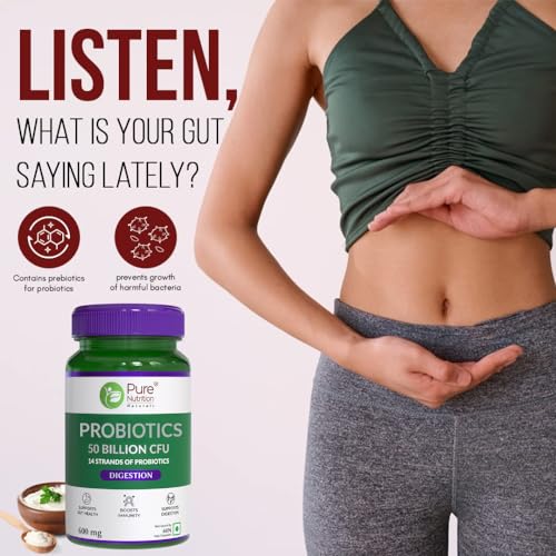 Pure Nutrition Probiotics (50 Billion CFU) for Men & Women | 14 Diverse Strains of Live Cultures - 600mg | Probiotic Supplement for Gut Health, Immunity & Digestion Support | Helps high absorption of nutrients - 60 Veg Capsules
