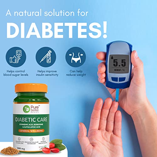 Pure Nutrition Diabetic Care with Gumnemic Acid, Berberine, AMLA, Jambu Beej, Karela & Fenugreek Extracts| Balances Glucose level, Cellular Metabolism & Enhances Insulin Function | 60 Veg Capsules