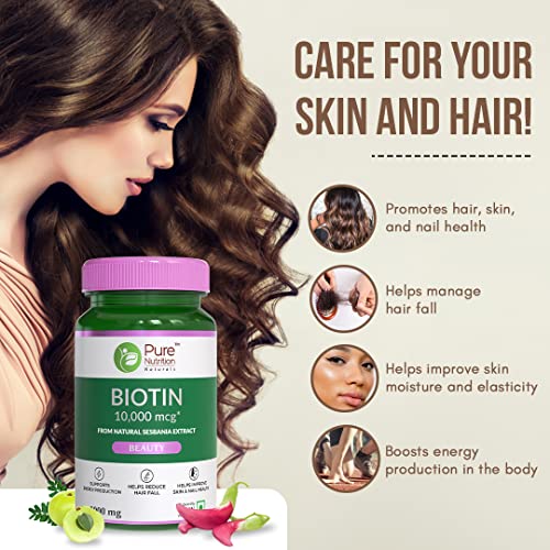 Pure Nutrition Naturals Biotin (10000mcg) with Sesbania Grandiflora, Bhringraj, Bamboo Shoot, Moringa Leaf, Amla Extracts & Multiminerals for Hair Growth, Glowing Skin & Strong & Healthy Nails for Women & Men | Reduce Hair Fall - 60 Veg Tabs