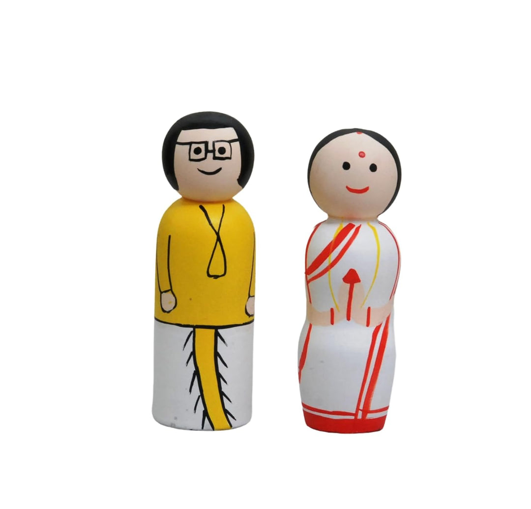 Channapatna Toys Wooden Peg Dolls Bengali Couple Non Toxic Colors (2 Years+) - Set of 2 Wooden Dolls | Pretend Play, Open Ended Toys, Improves Childs Creativity