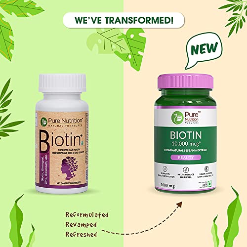 Pure Nutrition Naturals Biotin (10000mcg) with Sesbania Grandiflora, Bhringraj, Bamboo Shoot, Moringa Leaf, Amla Extracts & Multiminerals for Hair Growth, Glowing Skin & Strong & Healthy Nails for Women & Men | Reduce Hair Fall - 60 Veg Tabs