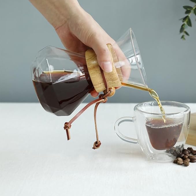 THE BEAN CO Glass Pour Over Coffee Maker | 600 ML Diamond Shape | Chemex Style Drip Coffee Maker | Wooden Holder | Premium Heat resistant Borosilicate Glass | Stainless Steel Coffee Filter