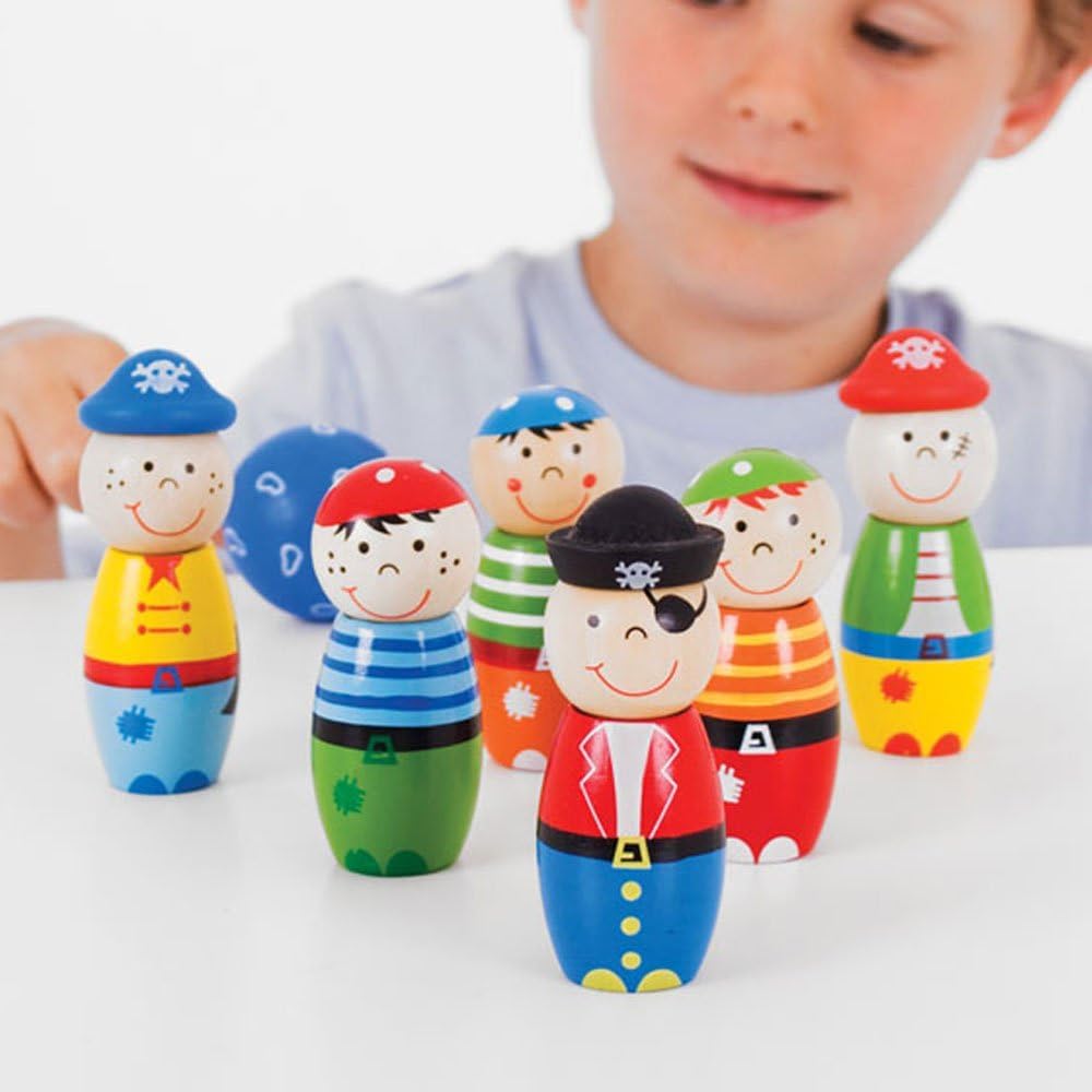 Channapatna Toys Wooden Pirates Bowling Pins Skittles Toy Set for Kids (2 Years+) Non Toxic Colors, Indoor & Outdoor Game, Fun Learning Toy for Kids