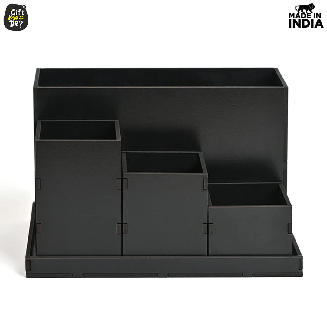 Gift Kya De Wooden Multipurpose Desk Organizer | Table Clock | 4 Compartment Organizer