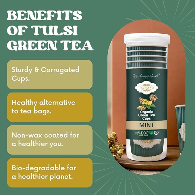 TAVASYAM Ready to Sip Mint Flavour Green Tea Cups - Vegan, Gluten Free & Sugar Free - Pack of 12 Cups Pre-Filled Tea Cups 200 ml Each