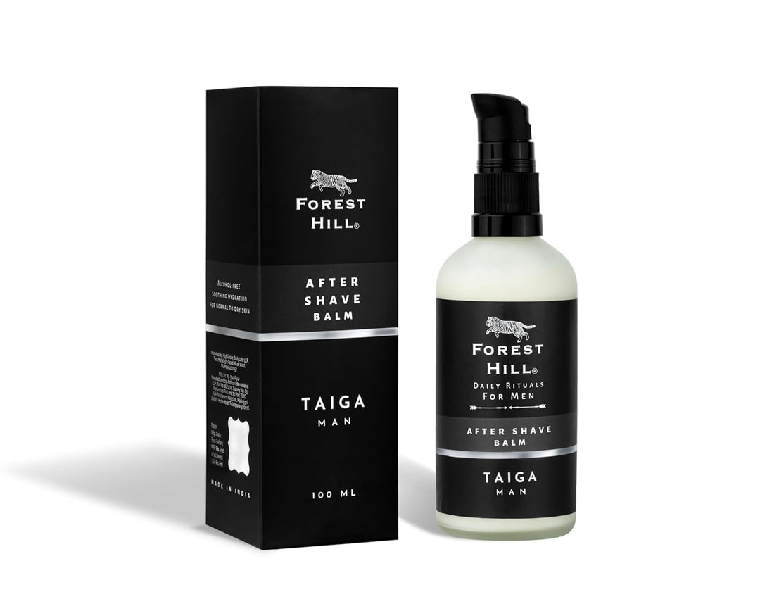 Forest Hill Set of 4 Men Gift Set Grooming Shaving Kit, Pre Shave Oil 50ml, Aqua Shaving Cream 75g, Taiga After Shave Balm 100ml & Black Ashford Synthetic Faux Badger Super Soft Hair Shaving Brush With Holder