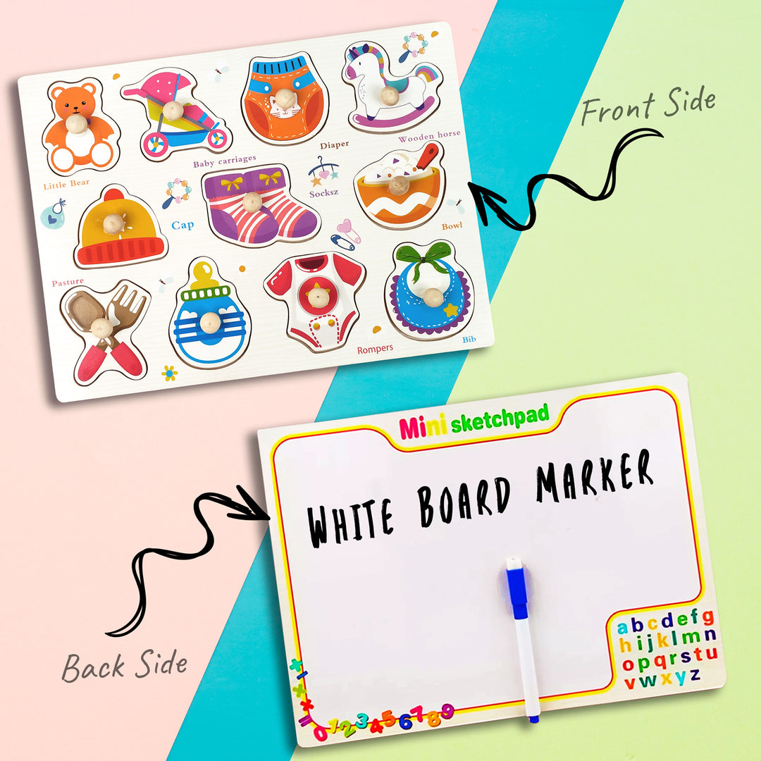 Wudly Toys Wooden Knob & Marker Puzzle Board | Alphabet, Numbers, Animals & Fruits