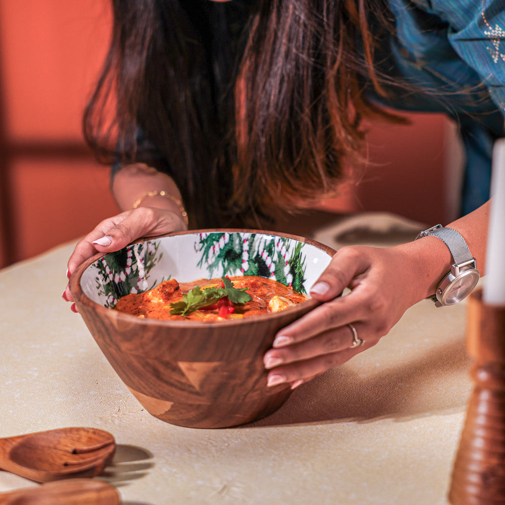 Ireka Homes Handcrafted Evergreen Serving Bowls - Multipurpose Acacia Wood Bowls With Enamel - Durable Bowls for Serving Food, Snacks, and Desserts (8 inches)