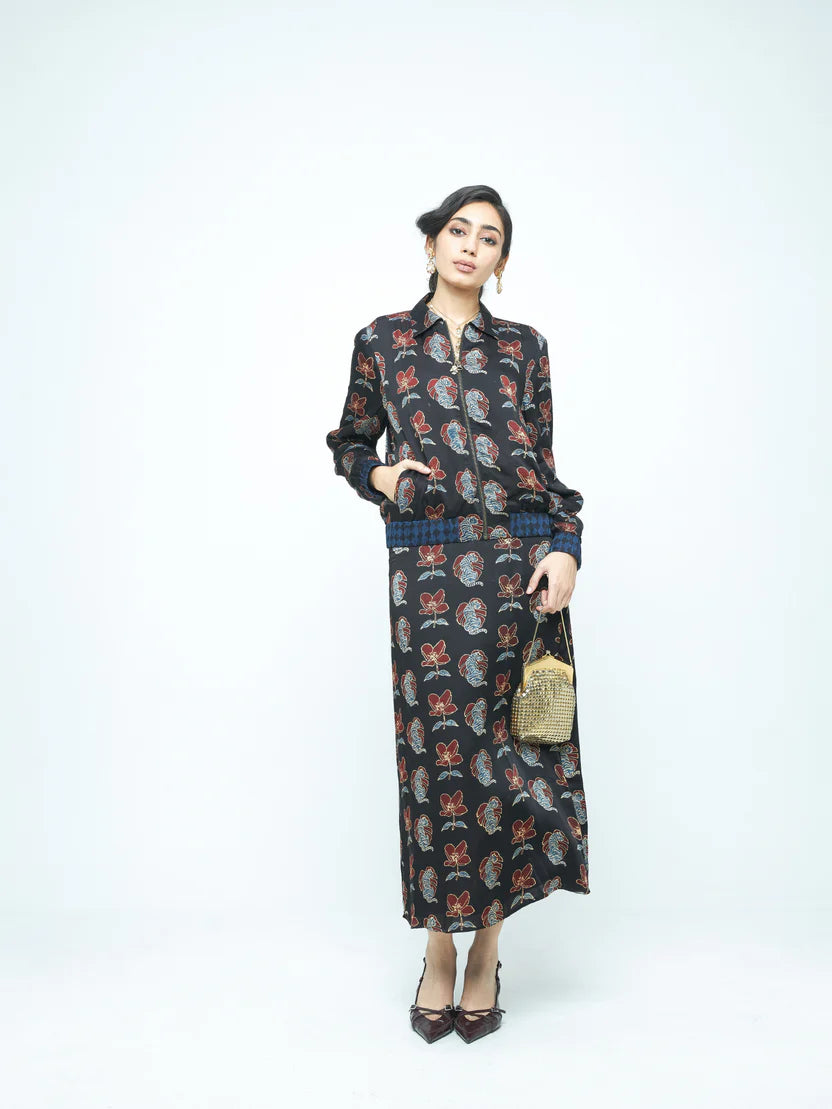 Anushé Pirani Beast Bomber | Ajrakh Print Modal | Charcoal, Women&