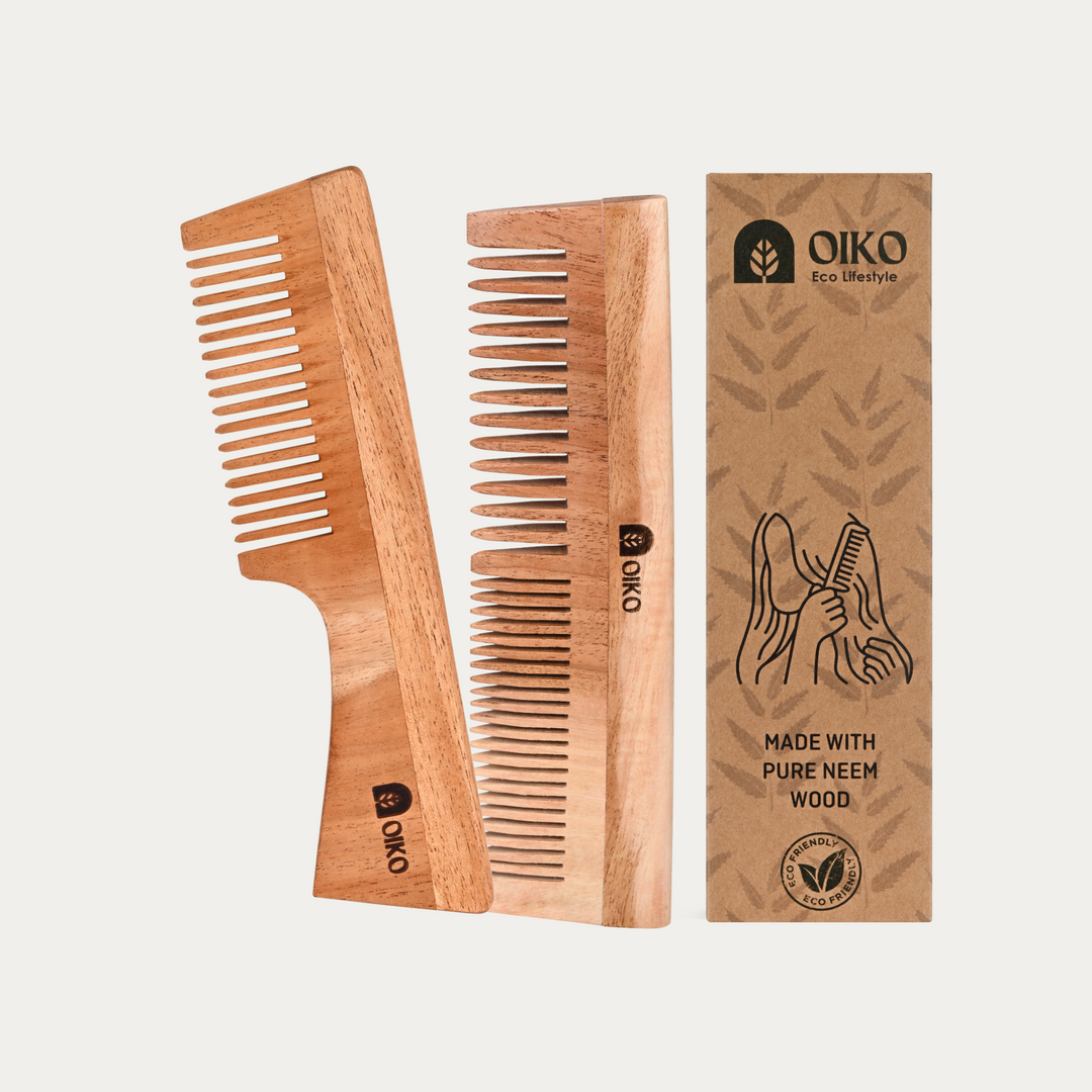 OIKO Neem Wood Hair Comb Combo Pack – Handle & Dual-Sided
