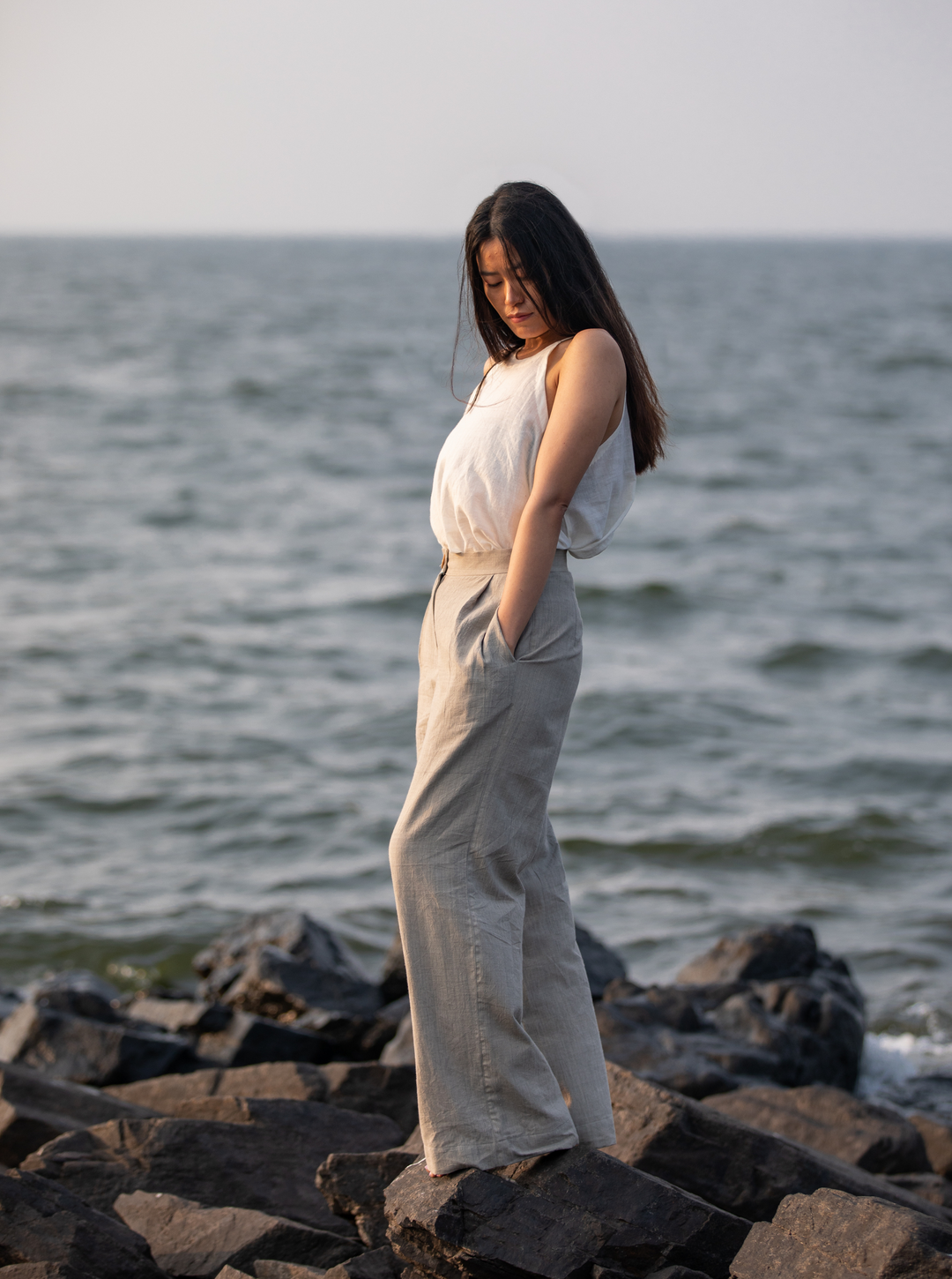 Unborn Studio Natural grey trousers - Wide-leg trousers