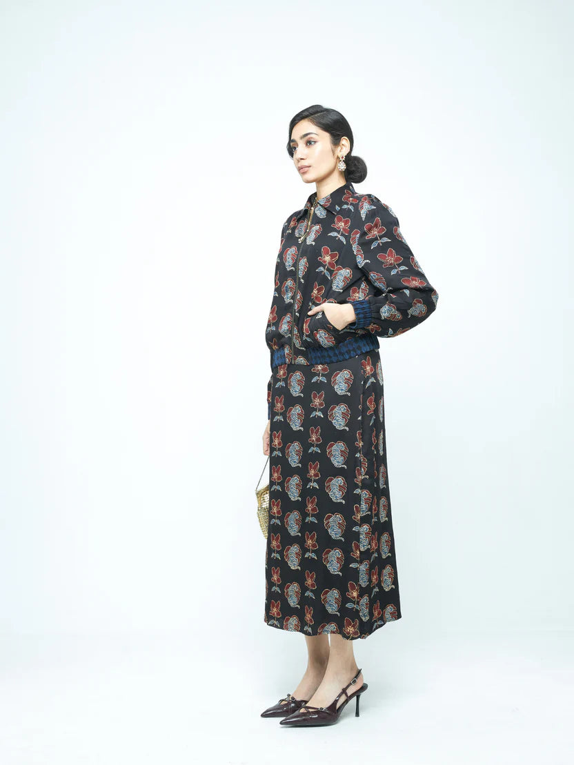 Anushé Pirani Beast Bomber | Ajrakh Print Modal | Charcoal, Women&