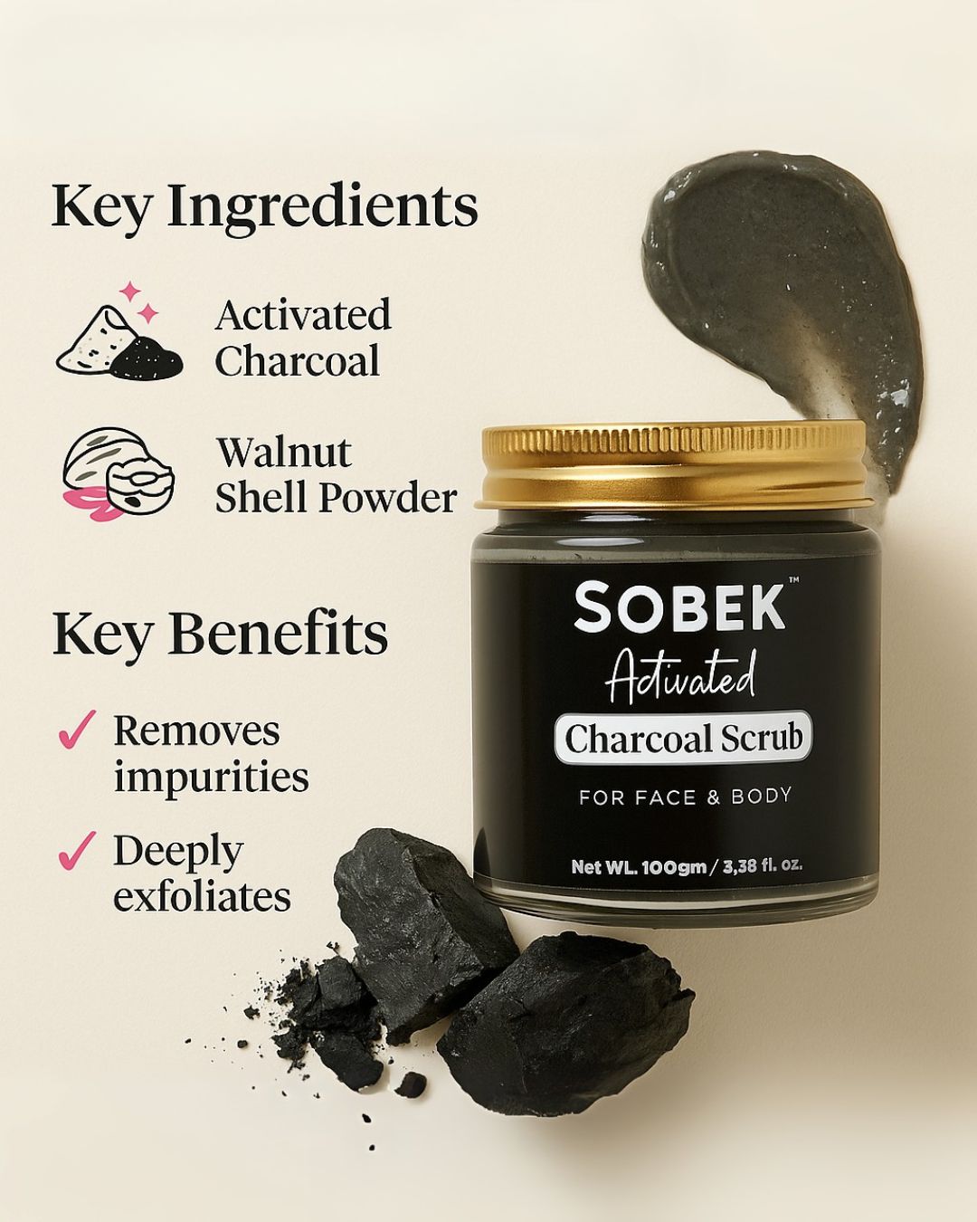 Sobek Naturals Activated Charcoal Face and Body Scrub | Paraben & SLS Free - 100 gm
