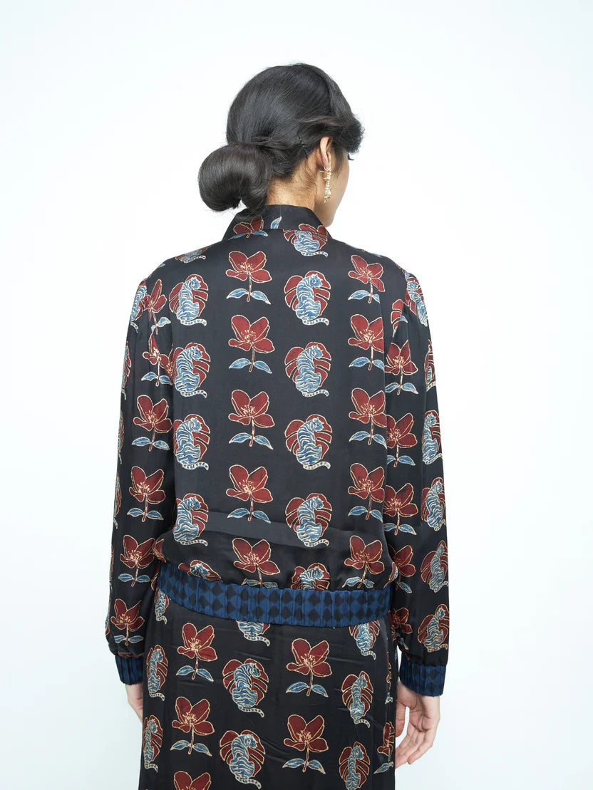 Anushé Pirani Beast Bomber | Ajrakh Print Modal | Charcoal, Women&