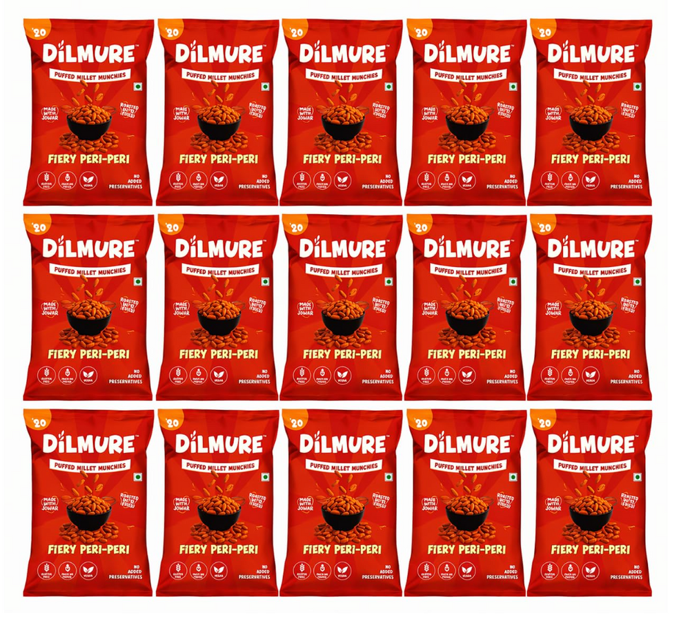 Dilmure Jowar Puffs – Fiery Peri Peri Millet Munchies 25G | Roasted Not Fried Snacks For Kids & Adults | No Preservatives, No MSG, No Maltodextrin | Palm Oil Free | Zero Cholestrol, Zero Transfat | Healthy Indian Snack (Pack of 15)