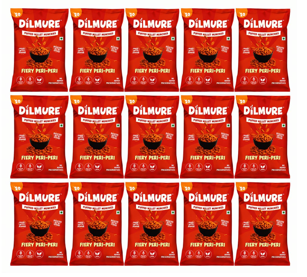 Dilmure Jowar Puffs – Fiery Peri Peri Millet Munchies 25G | Roasted Not Fried Snacks For Kids & Adults | No Preservatives, No MSG, No Maltodextrin | Palm Oil Free | Zero Cholestrol, Zero Transfat | Healthy Indian Snack (Pack of 15)
