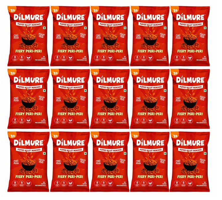 Dilmure Jowar Puffs – Fiery Peri Peri Millet Munchies 25G | Roasted Not Fried Snacks For Kids & Adults | No Preservatives, No MSG, No Maltodextrin | Palm Oil Free | Zero Cholestrol, Zero Transfat | Healthy Indian Snack (Pack of 15)