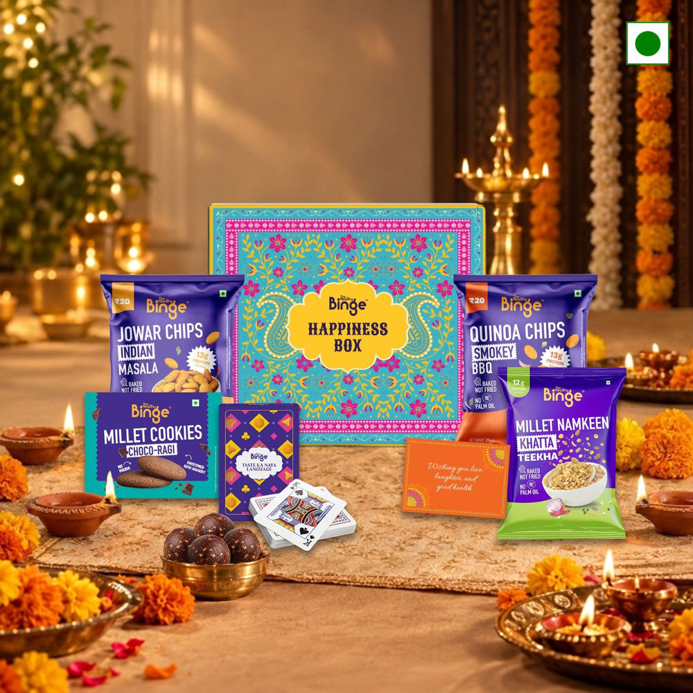 The Healthy Binge Diwali Gift Hamper – Classic (Pack of 6), Healthy Festive Gift Box with Jowar Chips, Quinoa Chips, Millet Namkeen, Millet Cookies, Playing Cards & Greeting Card