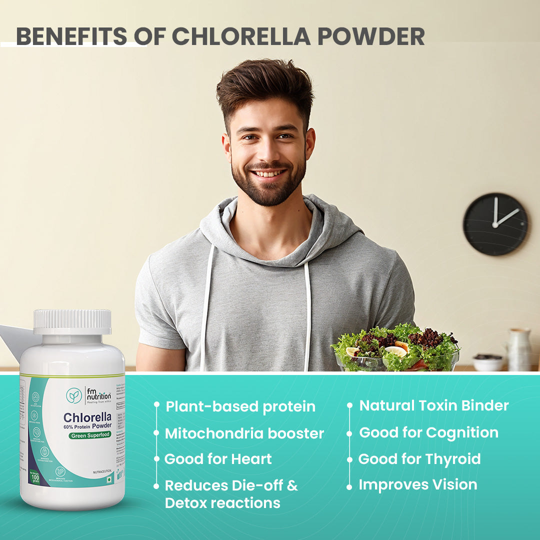 FM Nutrition Chlorella I Natural Binder I Plant protein I Heavy Metal Detox I Rich in Omega 3 I Mitochondrial Health Booster I Vegan I Non-GMO I 100gm powder 