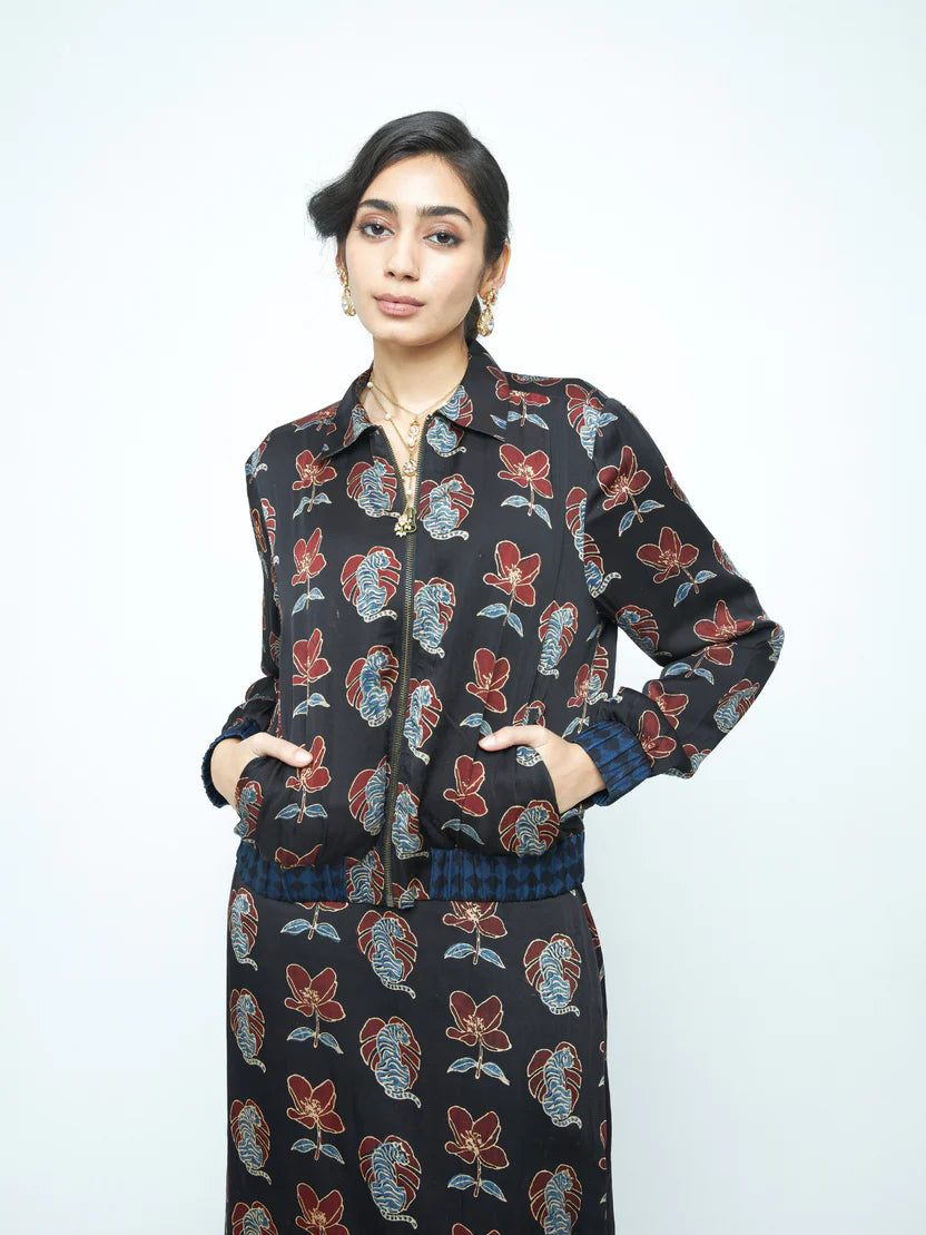 Anushé Pirani Beast Bomber | Ajrakh Print Modal | Charcoal, Women&