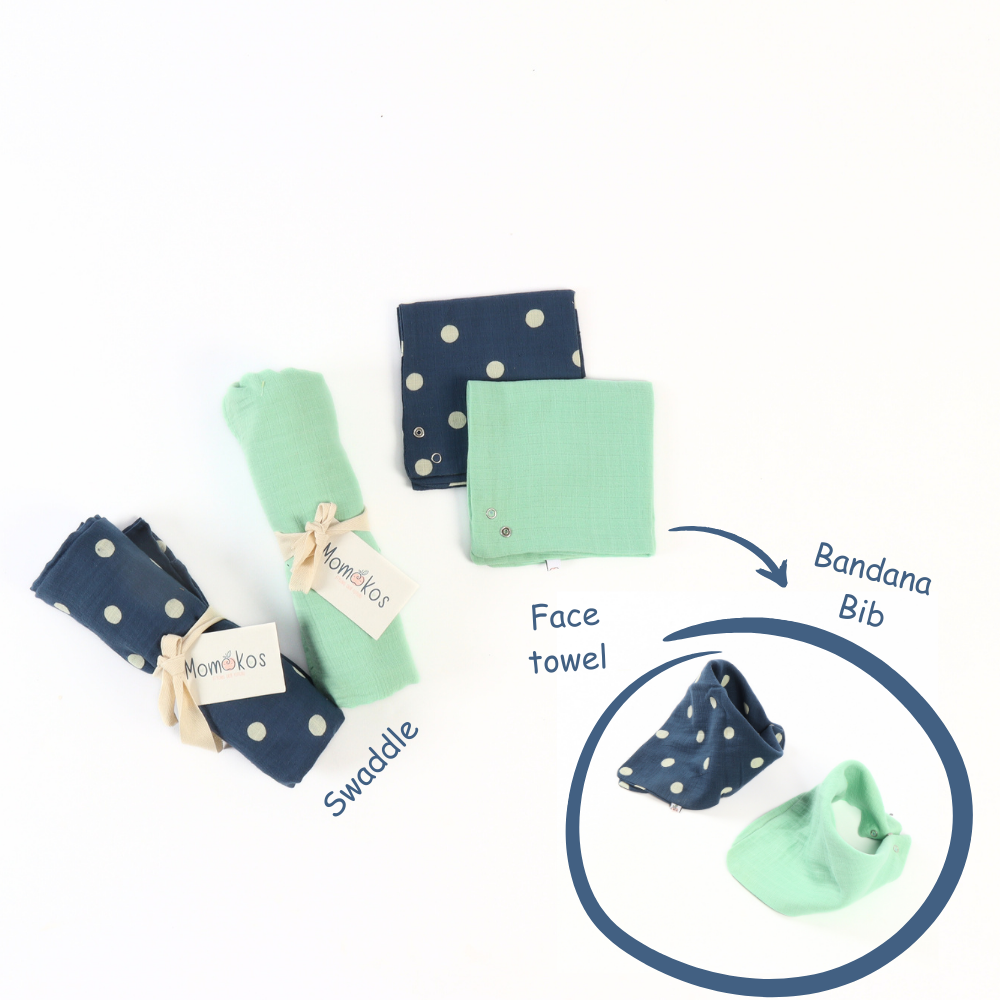 Momokos 100% Organic cotton Mint Gelato & Capri Blue Muslin Swaddle & Bandana Bib or Washcloth Set of 4
