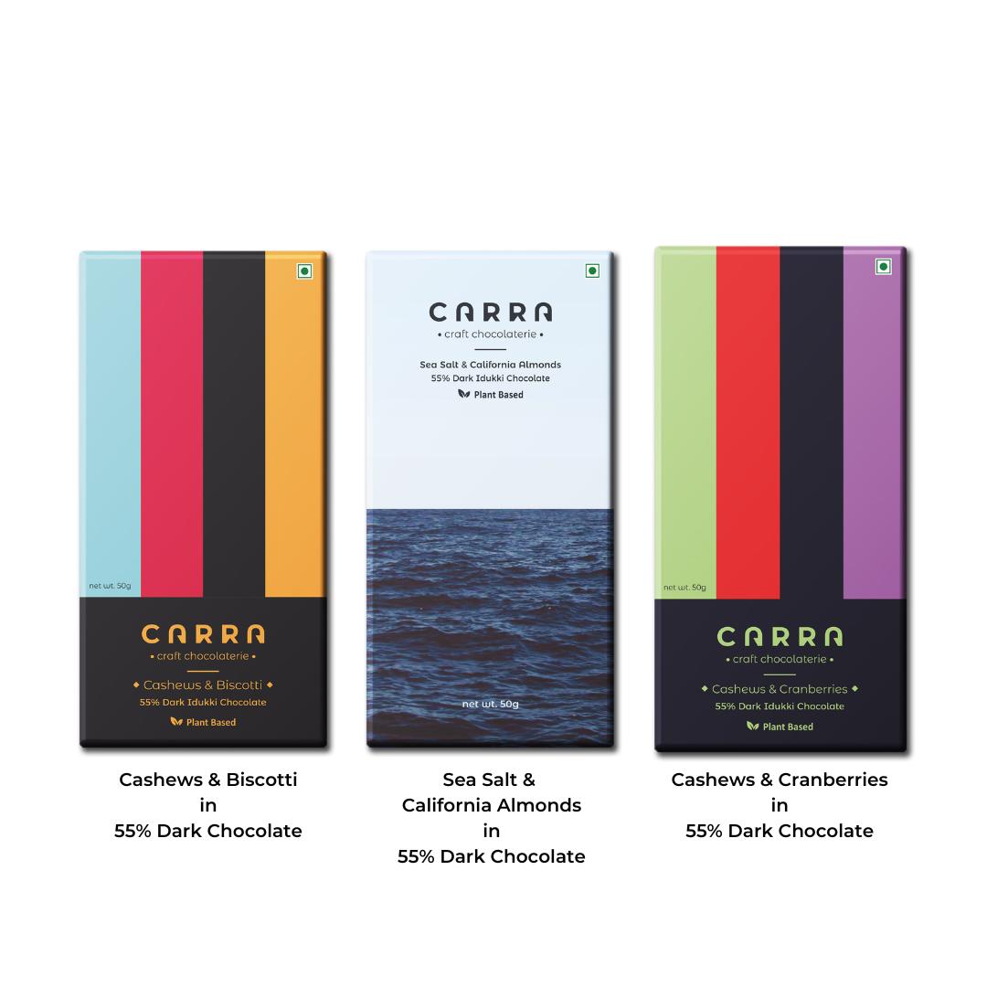 CARRA 55% Dark Chocolate Bars - Sea Salt & California Almonds, Cashews & Cranberries and Cashews & Biscotti (Pack of 3)