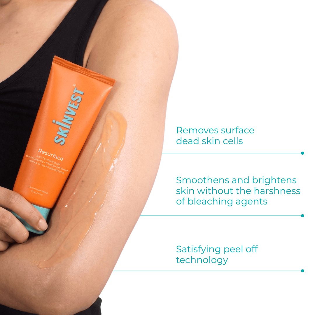 Skinvest Resurface Anti-Tan Peeling Gel with 1% Lactic Acid & Soothing Botanicals | Peels Away Tan, Brightens Skin, Smoothens Texture | Gentle for All Skin Types | Fragrance-Free | 70gm