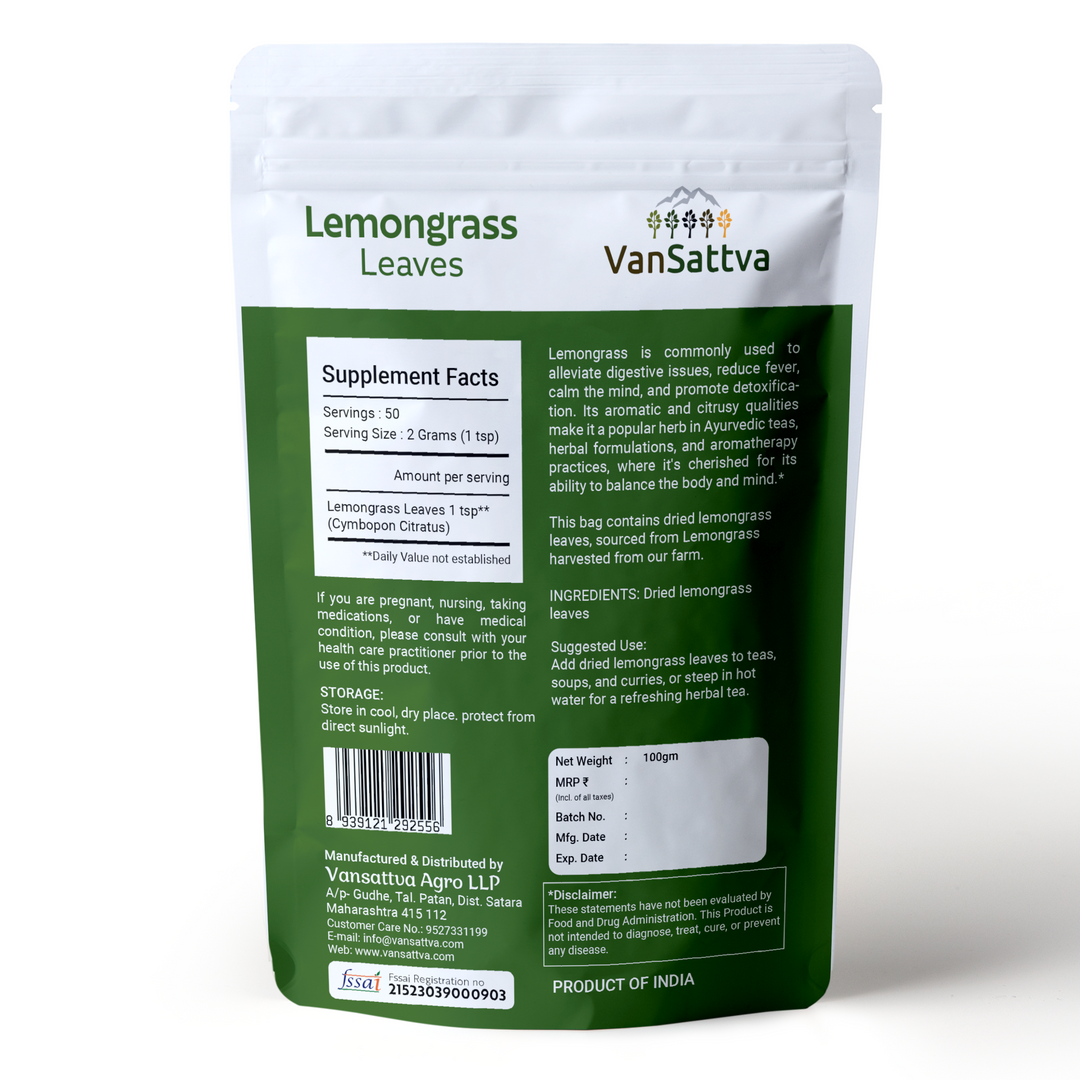 Vansattva Lemongrass Leaves - Cymbopogon citratus - Herbal Tea - Detox - 100 gram